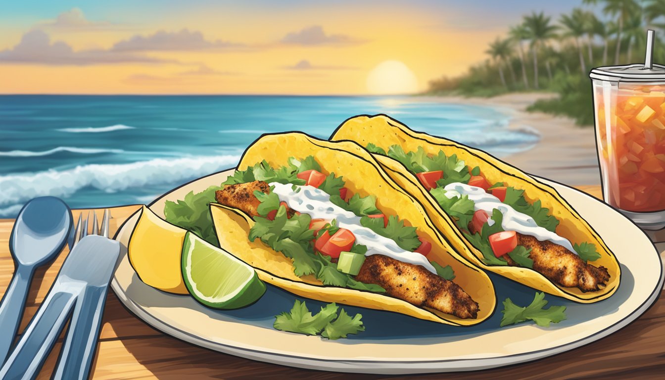 A colorful plate of gulf coast grouper tacos with fresh toppings and a side of salsa, set against a coastal backdrop