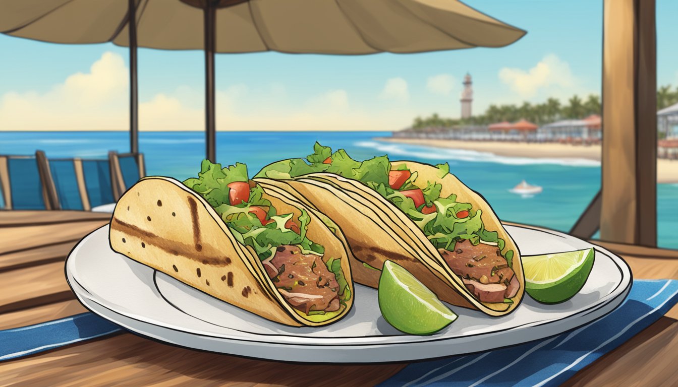 Ahi tuna taco on a beachside table with a view of the ocean and a pier in the background