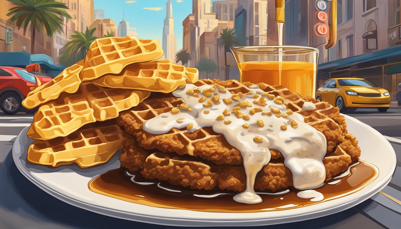 A sizzling chicken fried steak on a plate, surrounded by golden waffles and a side of syrup, set against a backdrop of the bustling Hollywood streets