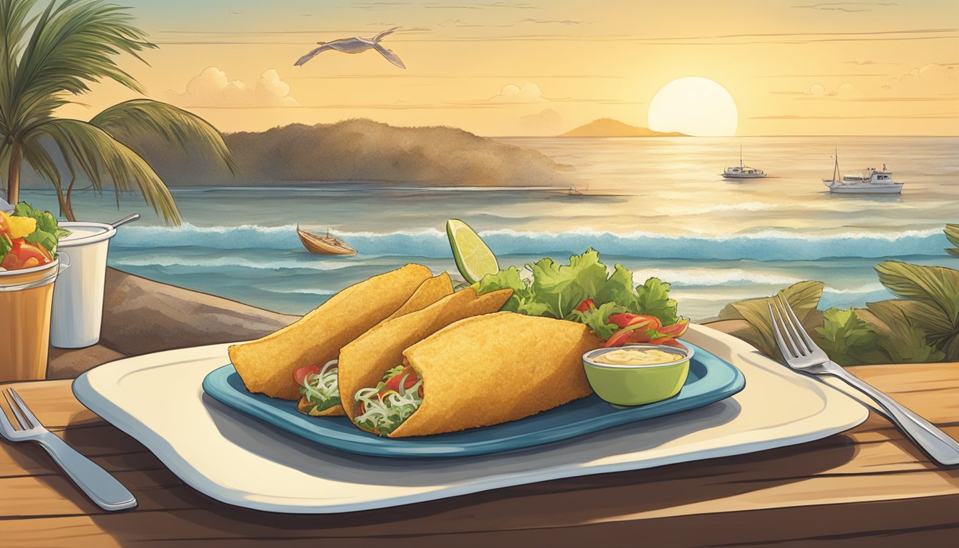 A beachside scene with a plate of fried catfish tacos and the ocean in the background