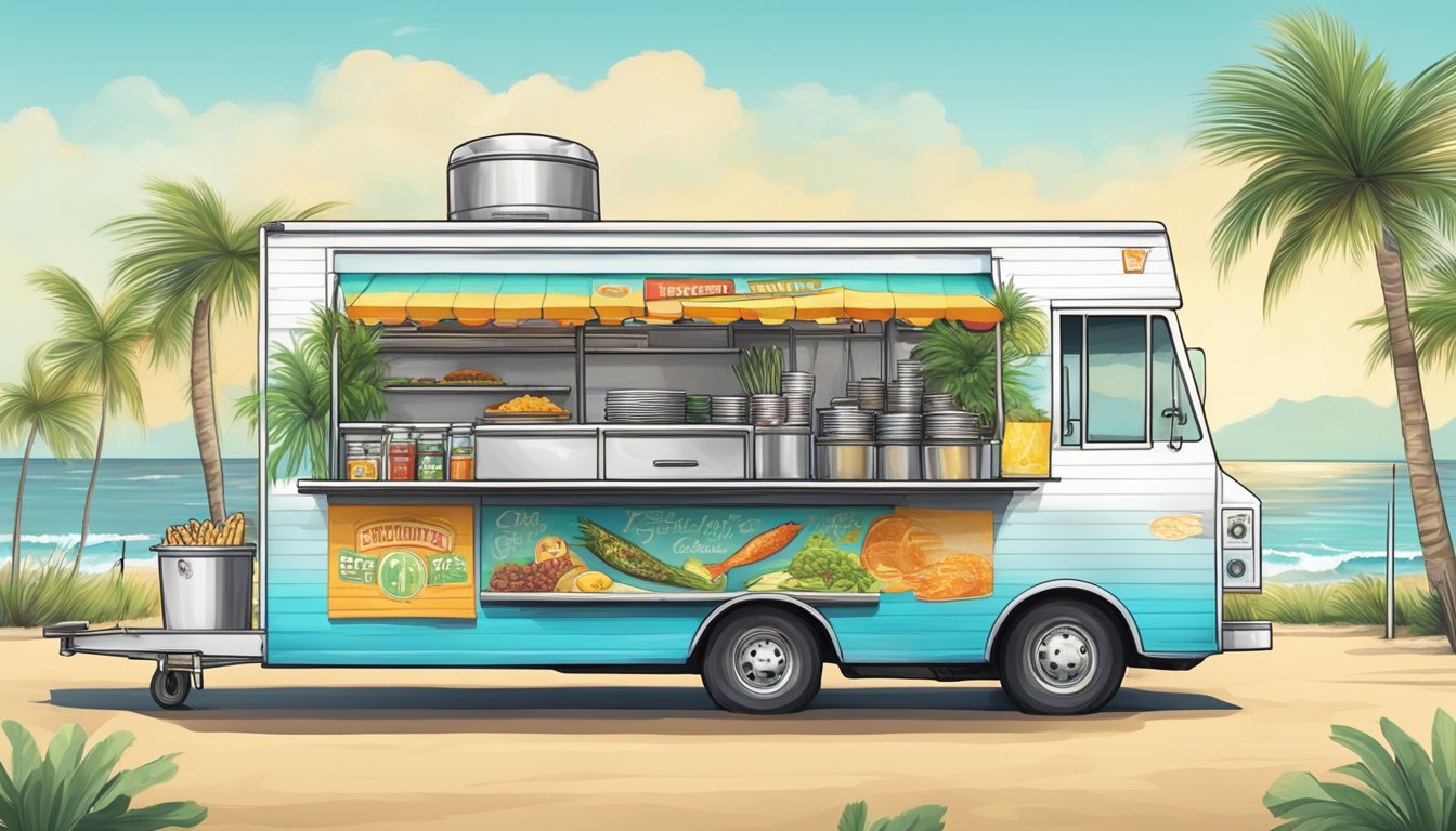 A colorful beachside food truck serves up the best fish tacos on the Texas coast, with palm trees swaying in the background