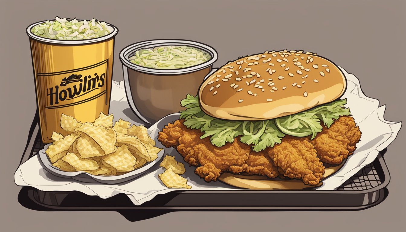 A golden fried chicken sandwich with pickles and a side of coleslaw on a checkered paper tray at Howlin' Ray's in Los Angeles