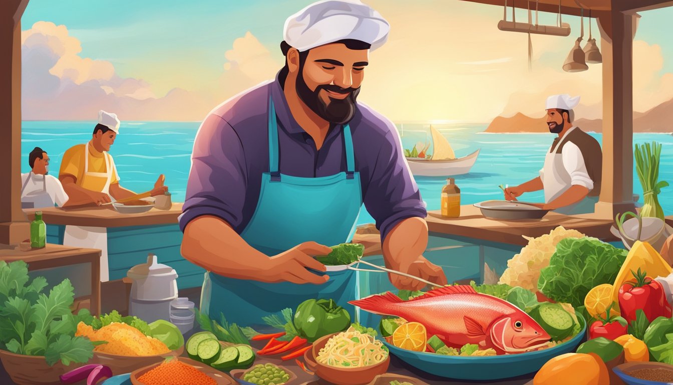 A fisherman holds a net brimming with freshly caught red snapper, while a chef prepares a colorful array of spices and fresh vegetables for the tacos