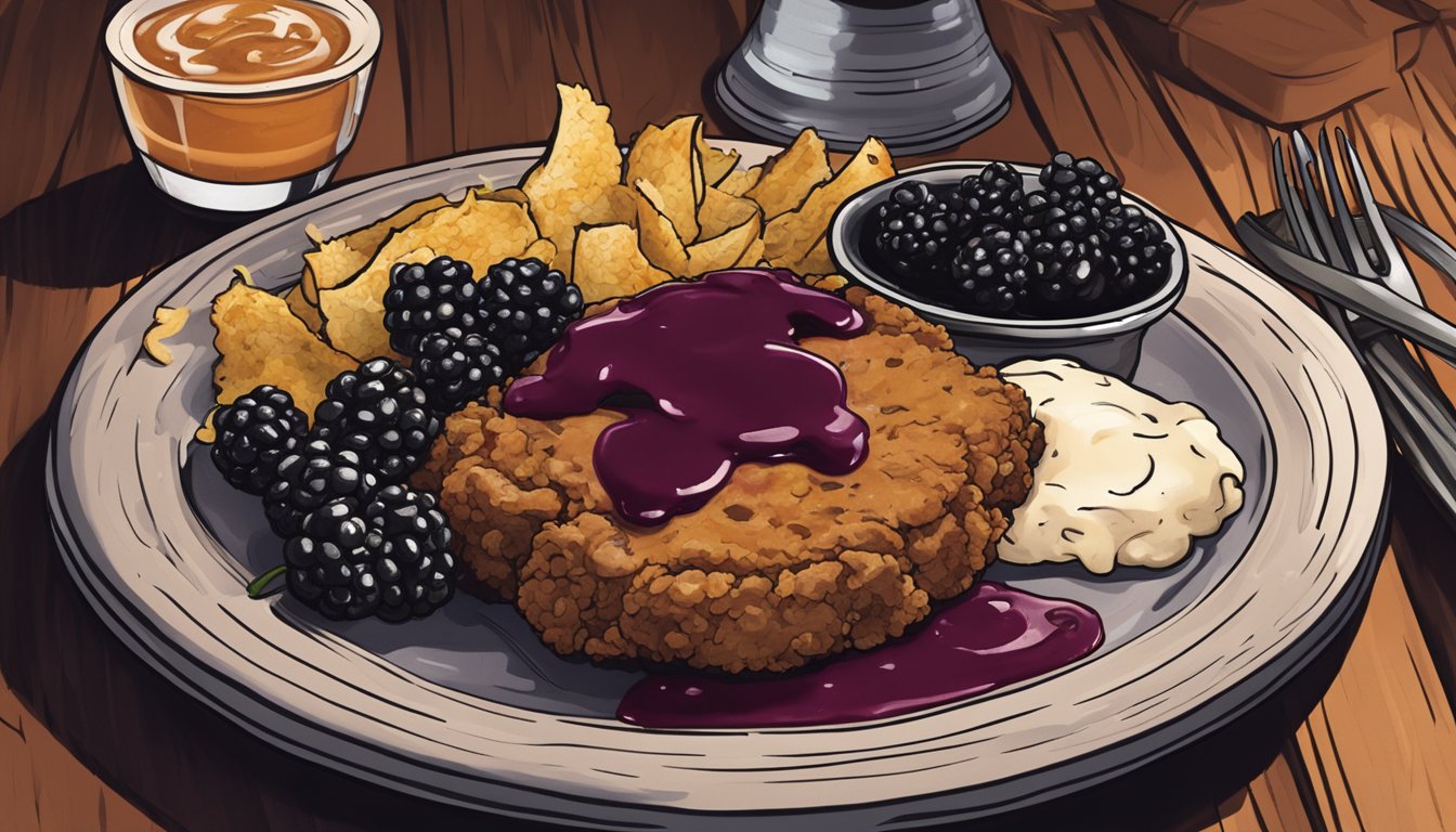 A sizzling chicken fried steak topped with blackberry jalapeño sauce, served on a rustic plate in a dimly lit Texas-themed restaurant in Los Angeles