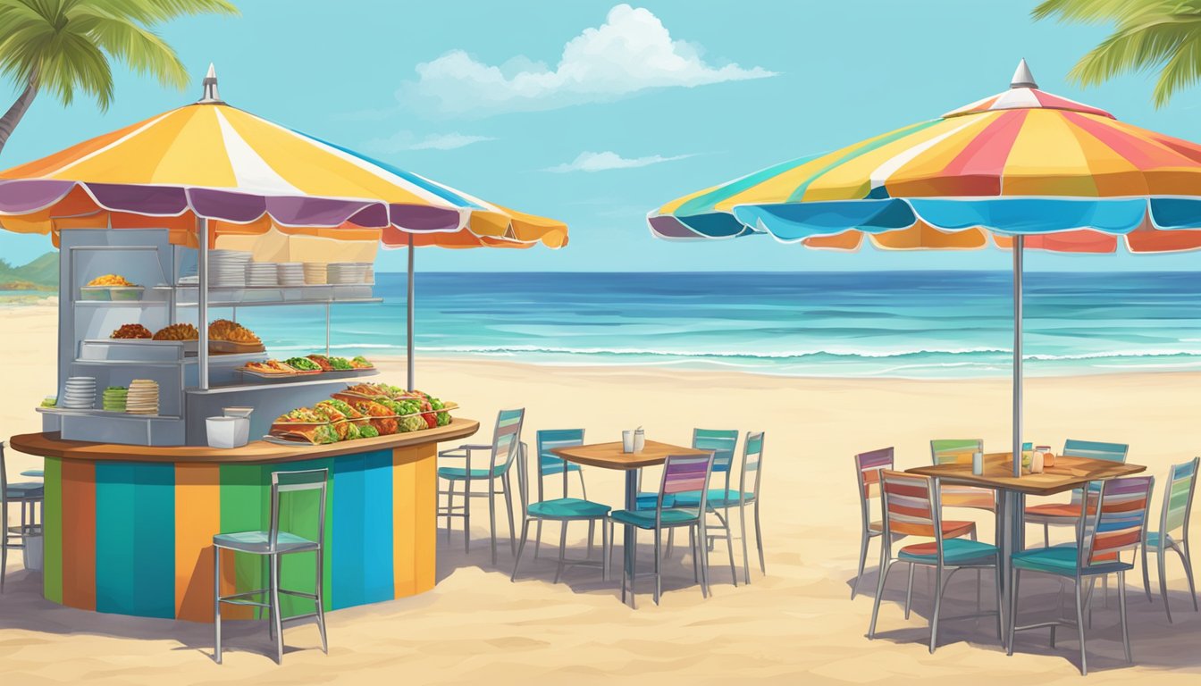 A beachside taco stand with colorful umbrellas and a view of the ocean