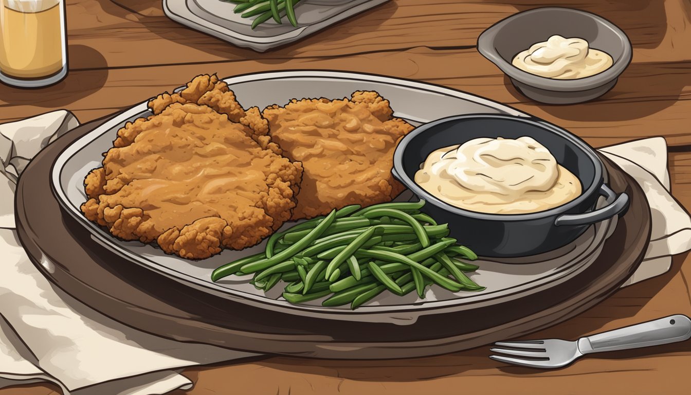 A sizzling plate of Texas-style chicken fried steak with creamy gravy and a side of mashed potatoes and green beans on a rustic wooden table