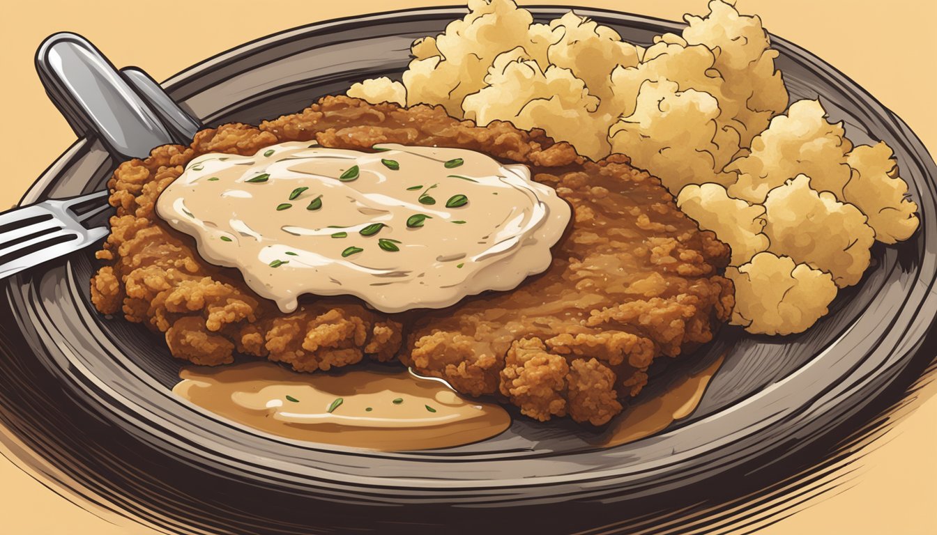 A sizzling Texas-style chicken fried steak served on a rustic wooden platter, accompanied by a side of creamy mashed potatoes and smothered in rich, savory gravy