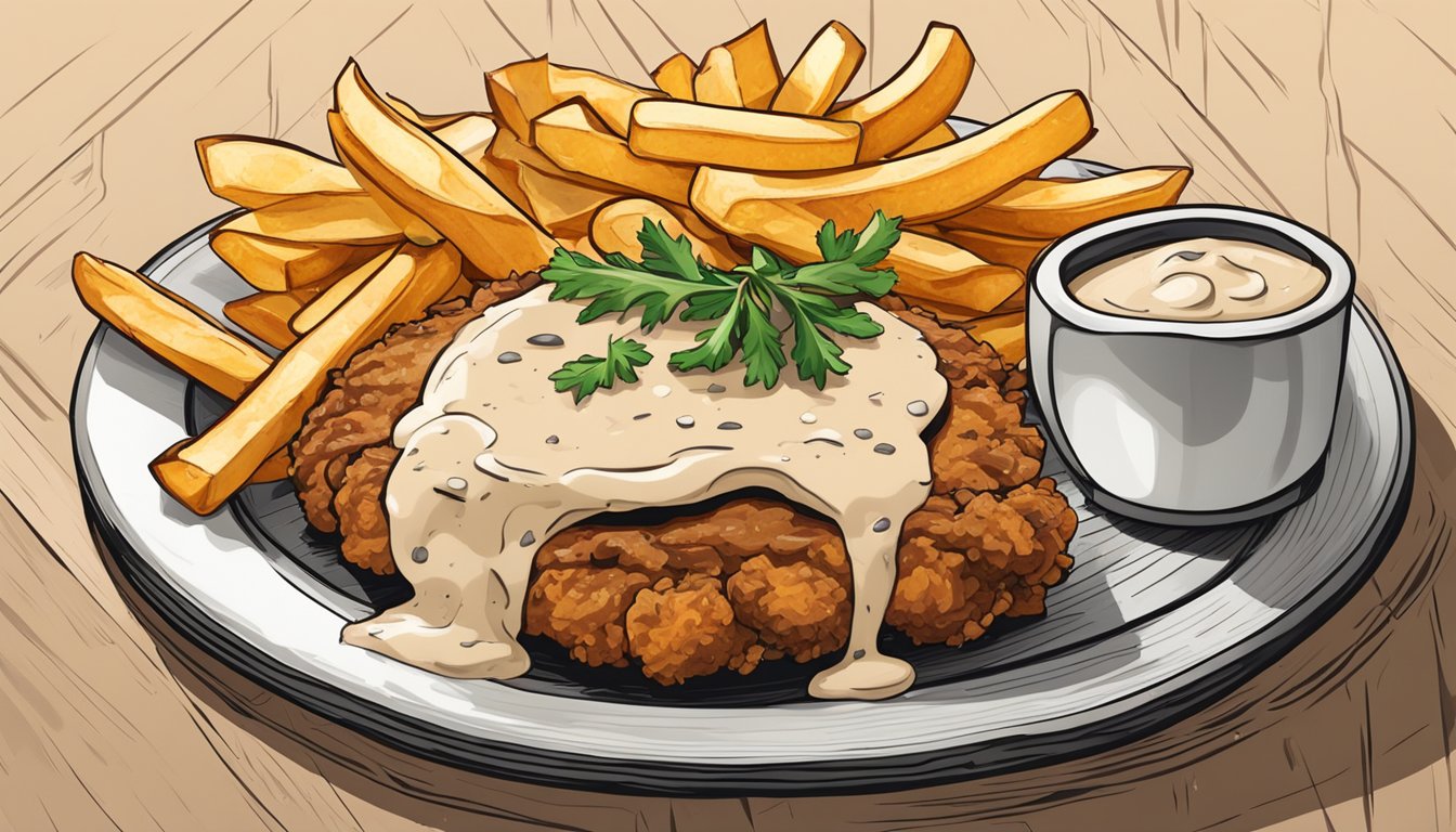 A sizzling truffled chicken fried steak on a rustic wooden plate, surrounded by a drizzle of creamy gravy and a side of golden, crispy fries