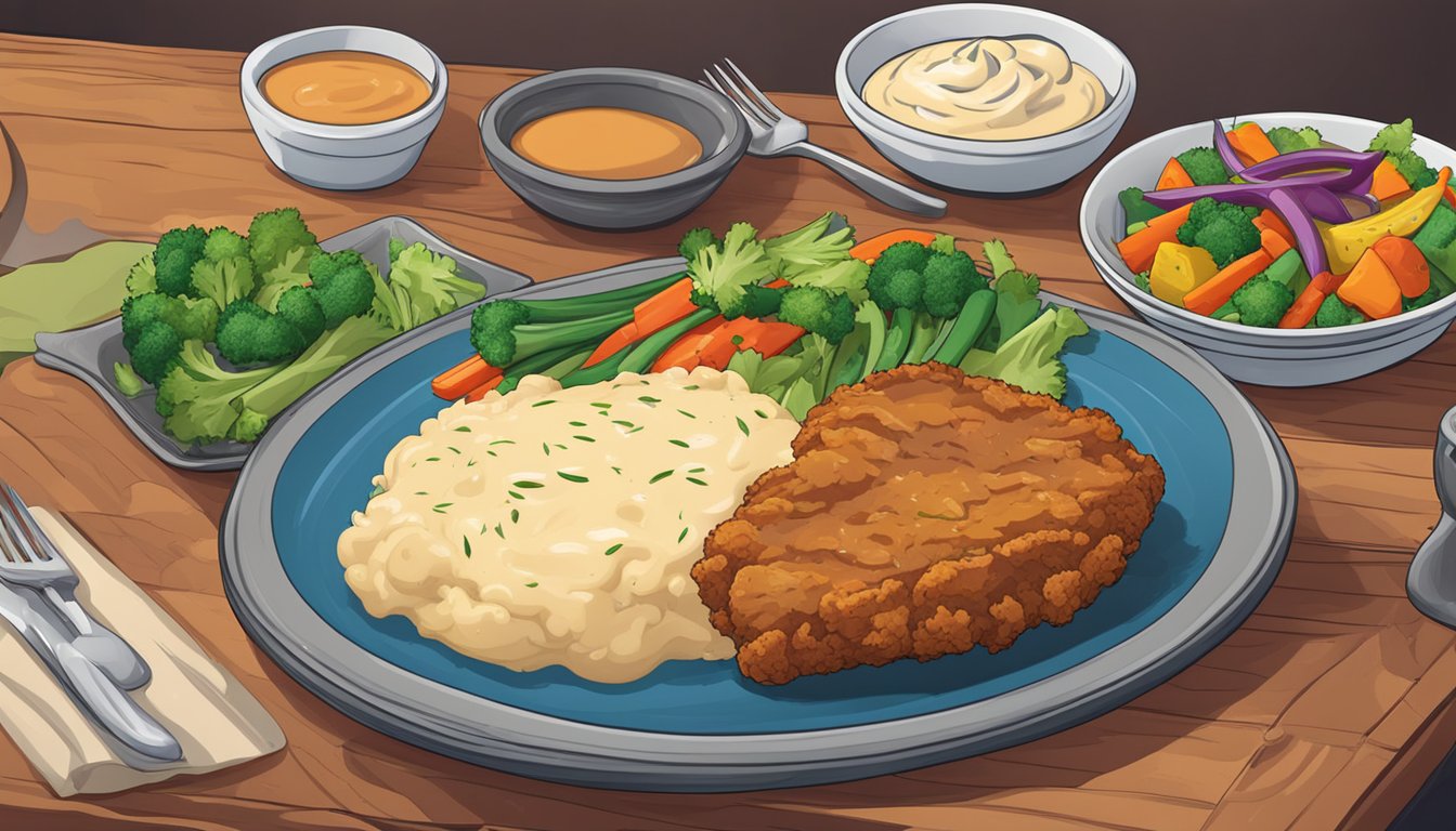 A sizzling Cajun Chicken Fried Steak on a platter with a side of creamy mashed potatoes and gravy, surrounded by colorful vegetables