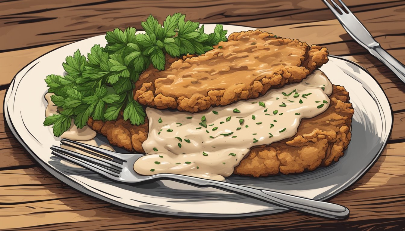 A sizzling chicken fried steak with creamy gravy on a rustic wooden plate, surrounded by a sprinkle of fresh herbs and a side of mashed potatoes