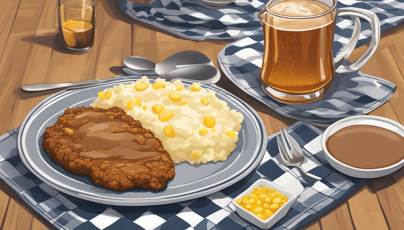 A sizzling chicken fried steak on a checkered plate, surrounded by mashed potatoes and gravy, with a side of buttery corn and a cold glass of sweet tea