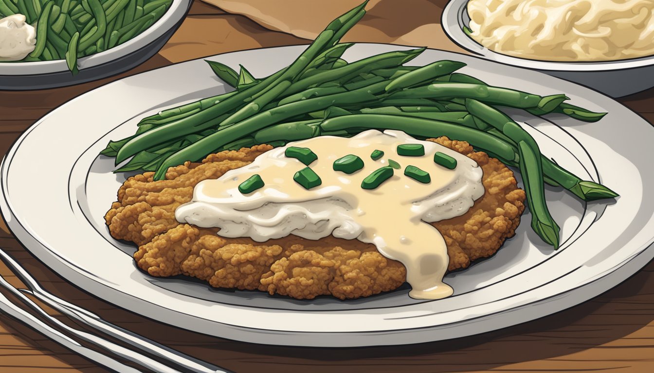 A sizzling plate holds a golden-brown chicken fried steak topped with creamy gravy, surrounded by a side of buttery mashed potatoes and crispy green beans