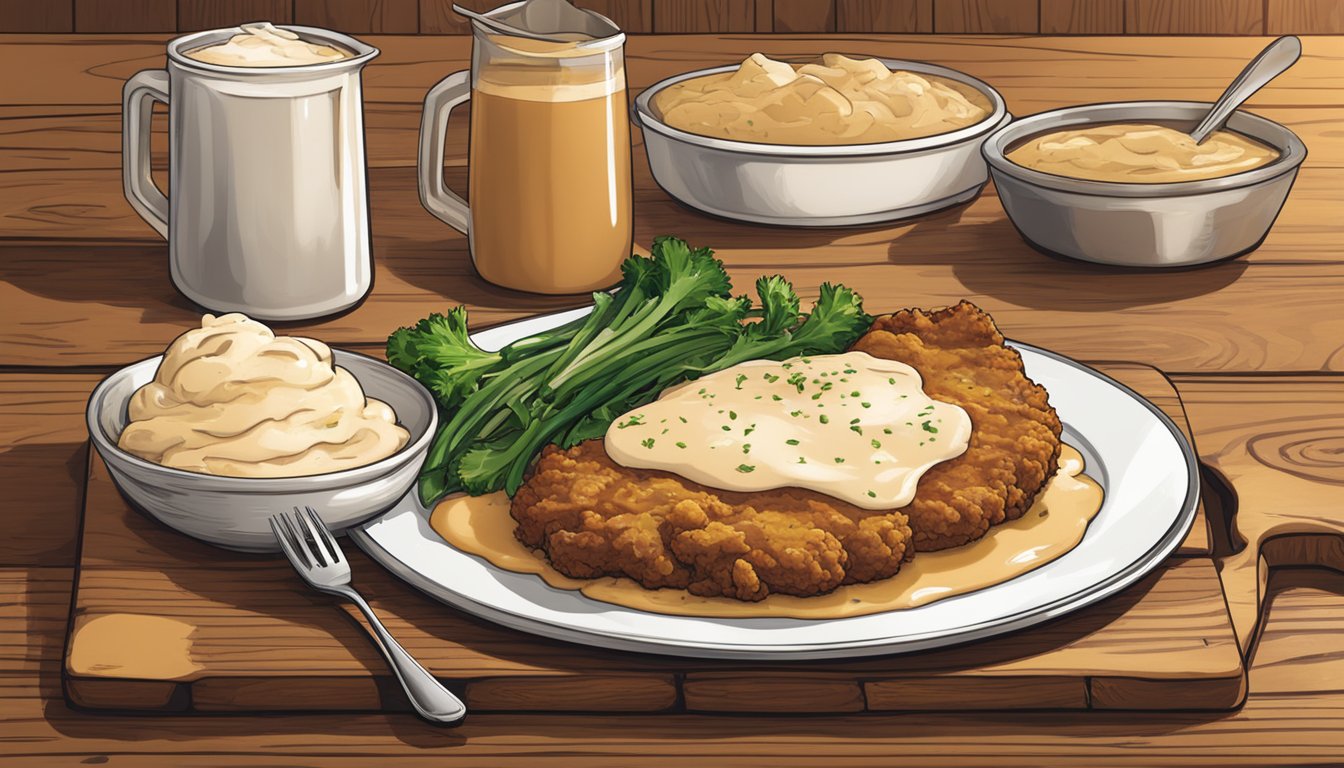 A sizzling, golden-brown chicken fried steak is served on a rustic wooden table, accompanied by a side of creamy mashed potatoes and a generous drizzle of savory gravy