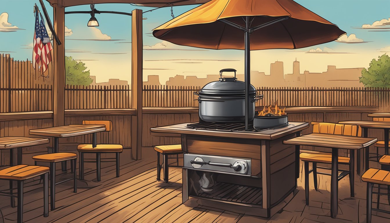 A steaming pot of authentic Texas-style chili simmers on a grill at Buzz's BBQ & Grill Co. in Chicago, surrounded by rustic wooden tables and chairs