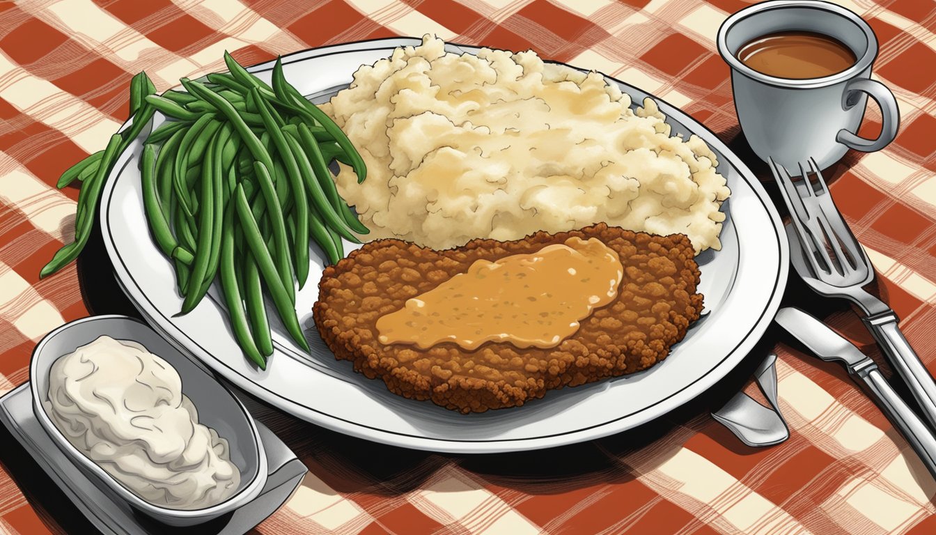 A sizzling Texas Chicken Fried Steak on a checkered tablecloth, surrounded by mashed potatoes and gravy, with a side of green beans