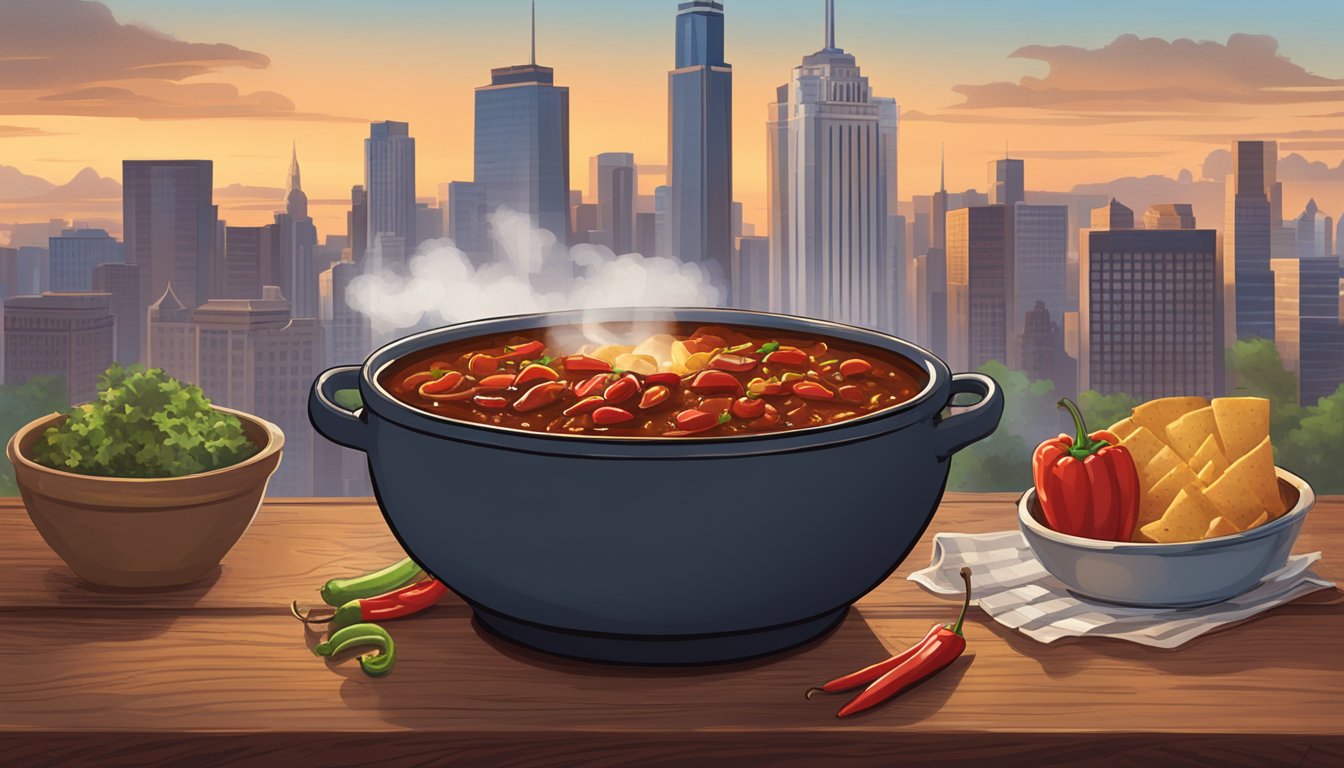 A steaming bowl of Texas-style chili sits on a rustic wooden table, surrounded by a cozy fire pit and the bustling city of Chicago in the background