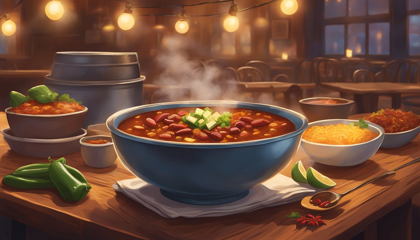 A steaming bowl of Texas-style chili sits on a rustic wooden table in a bustling Chicago restaurant, surrounded by the warm glow of hanging lights and the comforting aroma of slow-cooked meat and spices