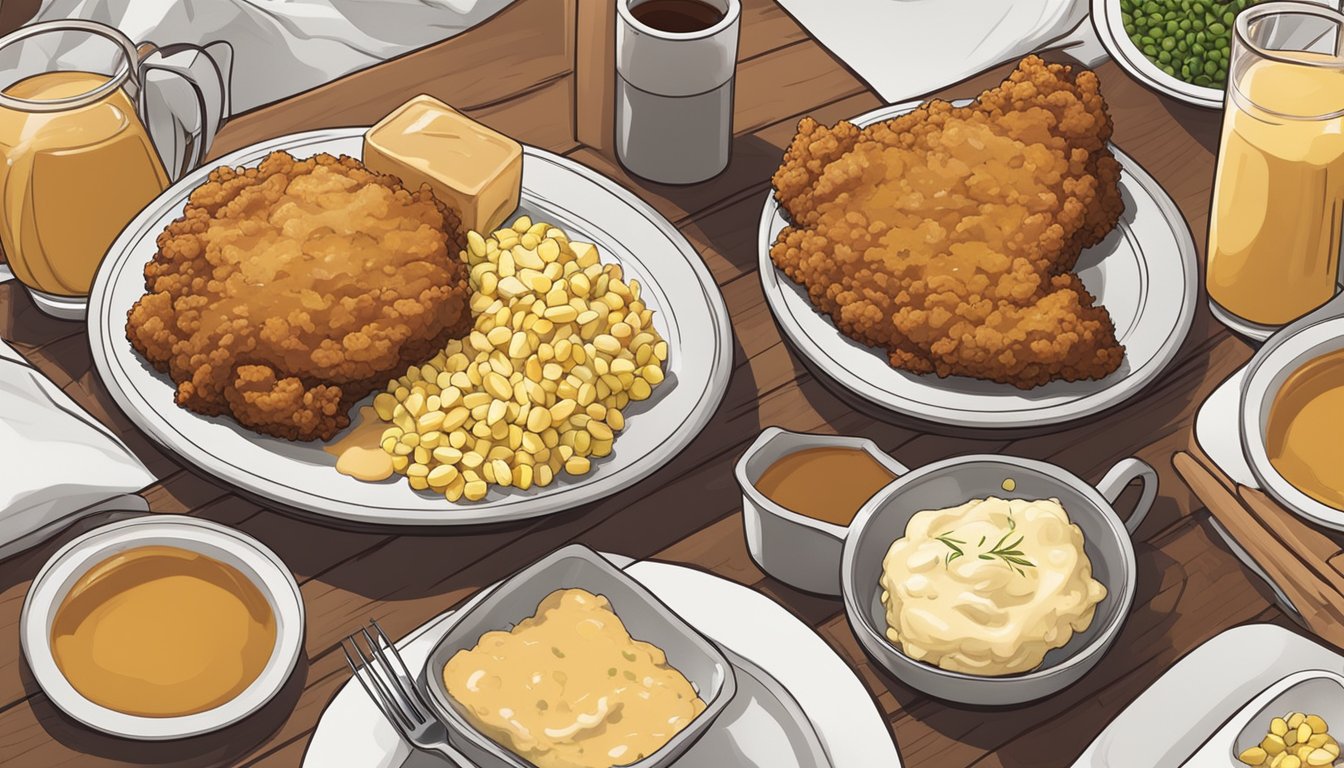 A sizzling chicken fried steak on a platter, surrounded by mashed potatoes and gravy, with a side of buttered corn and a basket of warm, buttered rolls