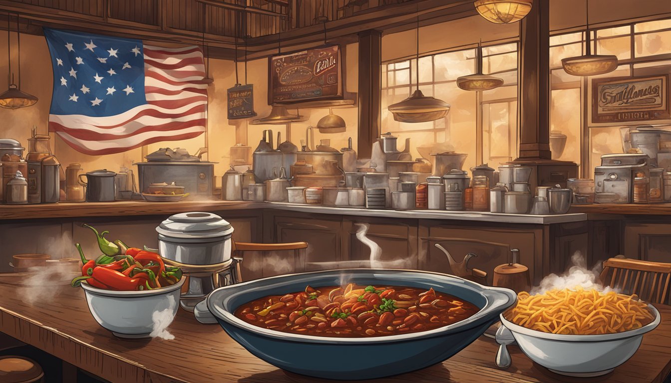 A steaming bowl of Texas-style chili surrounded by rustic decor and BBQ smoke in a bustling Chicago restaurant