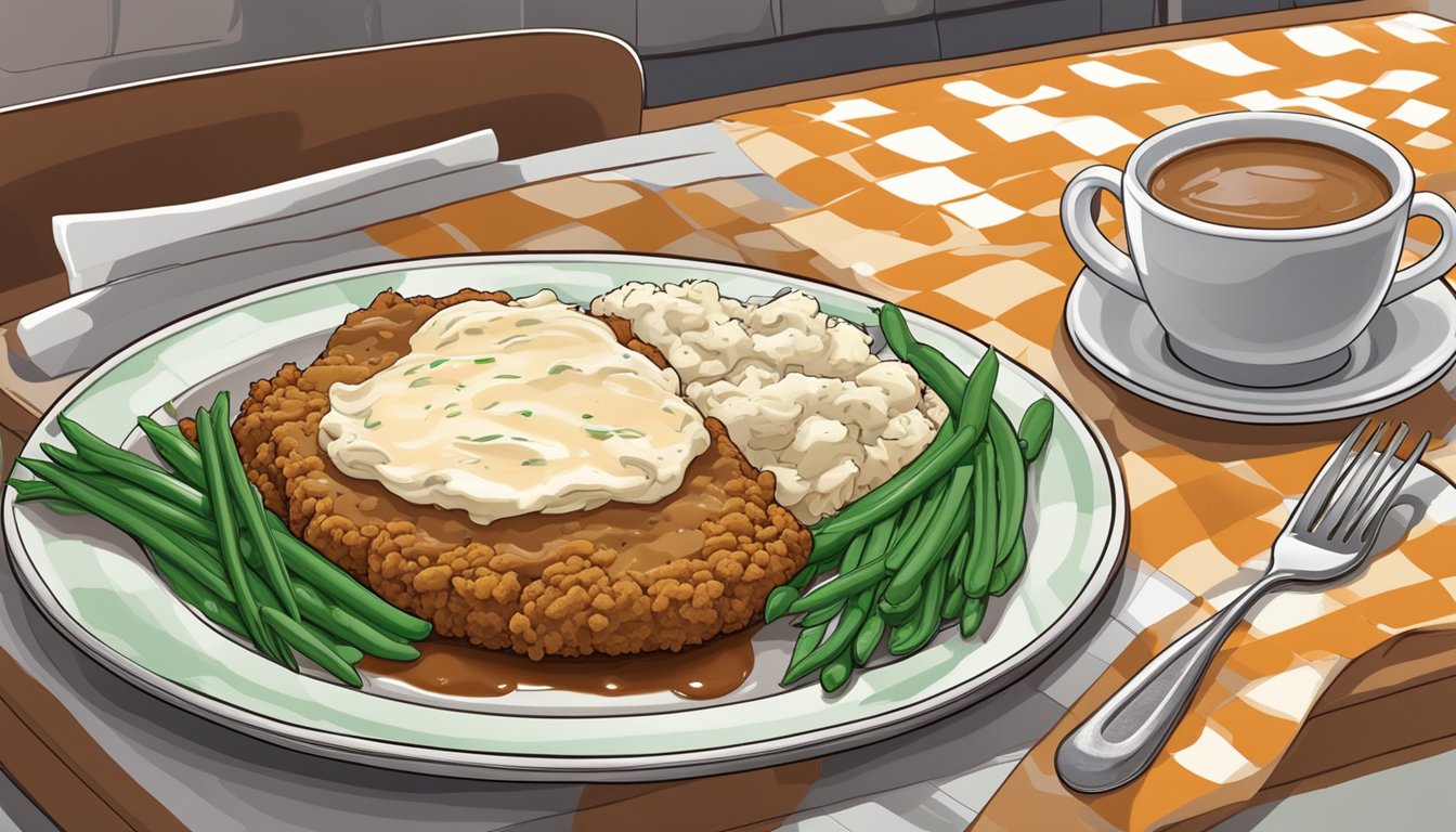 A sizzling chicken fried steak on a checkered plate, surrounded by mashed potatoes and gravy, with a side of green beans and a slice of Texas toast