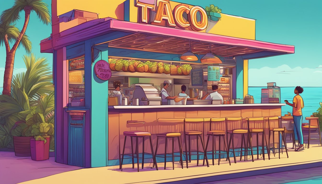 A colorful and bustling outdoor taco stand with a neon sign, surrounded by palm trees and filled with customers enjoying their Tex-Mex cuisine