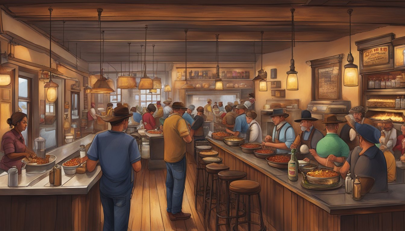 A bustling chili bar with rustic decor and a steaming pot of Texas-style chili on the stove. Customers line up for a taste of authentic Texan cuisine in the heart of Chicago