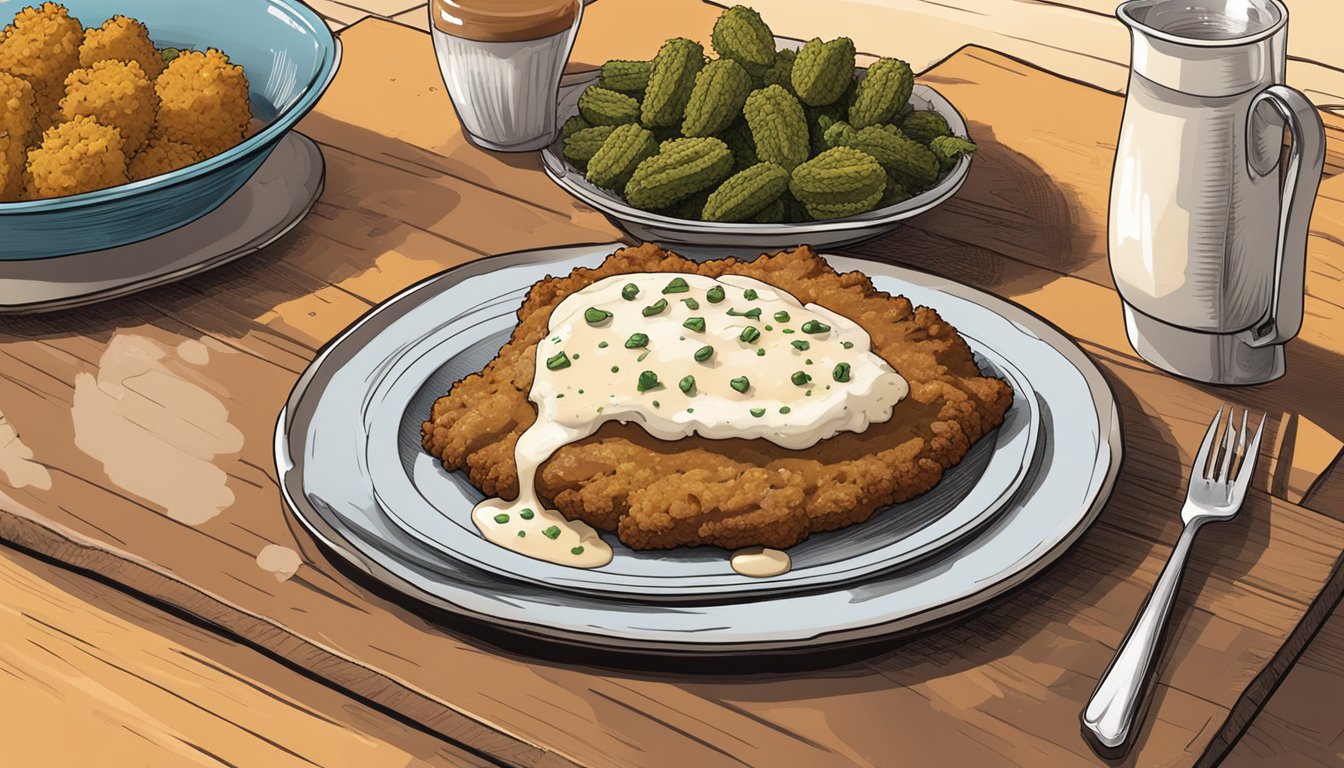 A sizzling chicken fried steak on a rustic Texan-themed plate, surrounded by mashed potatoes and gravy, with a side of crispy fried okra