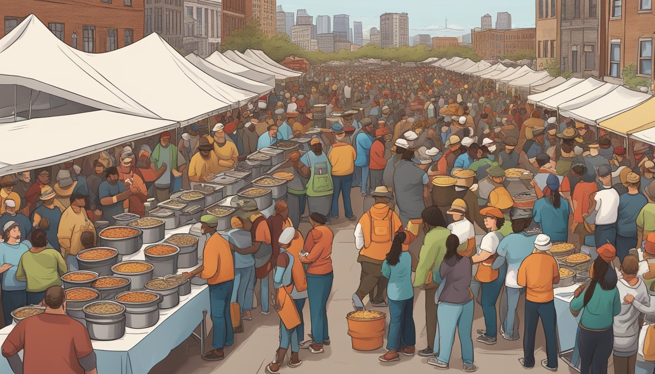 A bustling chili cook-off in Chicago, with steaming pots of Texas-style chili and hungry patrons lining up for a taste