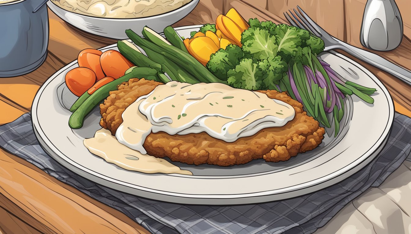 A sizzling, golden-brown chicken fried steak topped with creamy gravy, surrounded by a colorful array of fresh vegetables and a side of fluffy mashed potatoes