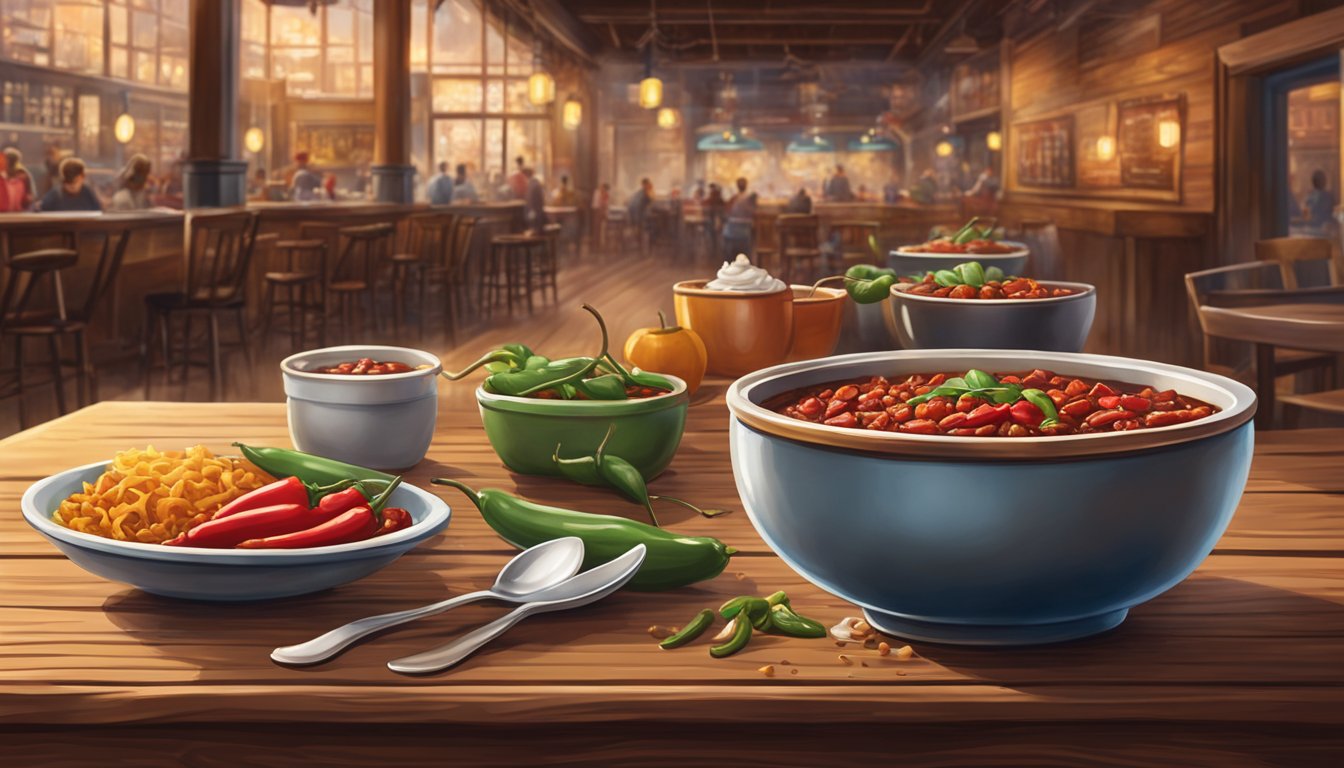 A steaming bowl of spicy chili sits on a rustic wooden table, surrounded by Texan decor and the bustling atmosphere of a popular Chicago restaurant