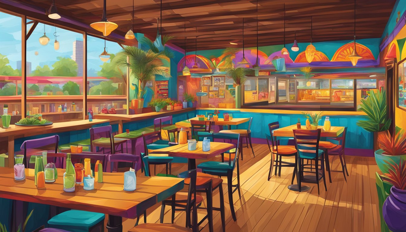 A colorful and bustling Tex Mex taco joint in Houston, with vibrant decor and a lively atmosphere