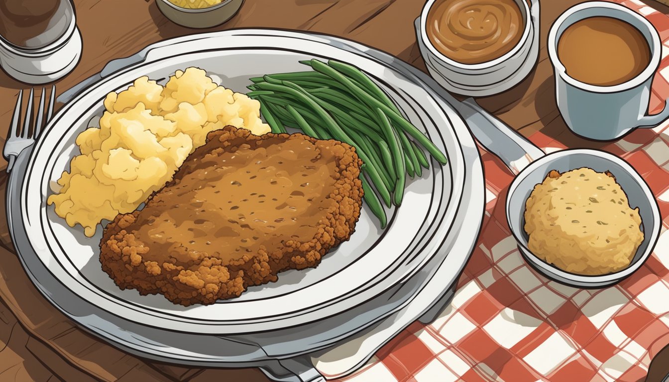 A sizzling chicken fried steak on a checkered tablecloth, surrounded by mashed potatoes and gravy, with a side of green beans and a slice of cornbread