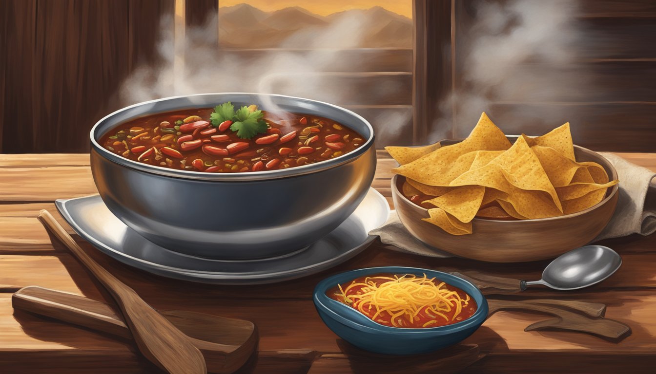 A steaming bowl of Texas-style chili sits on a rustic wooden table, surrounded by cowboy boots and a lasso, evoking the spirit of the Wild West in a bustling Chicago restaurant