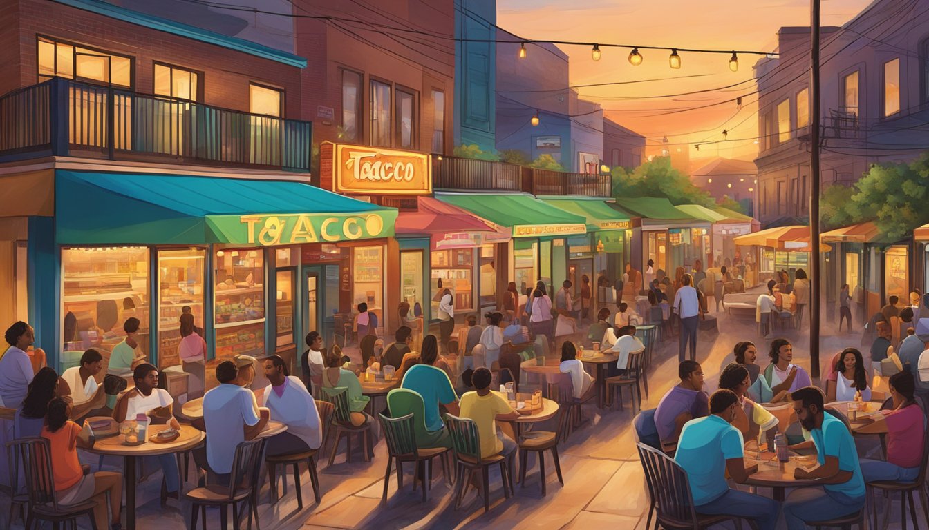 A bustling street lined with colorful taco joints, each with a unique sign and crowded outdoor seating, as the sun sets over Houston