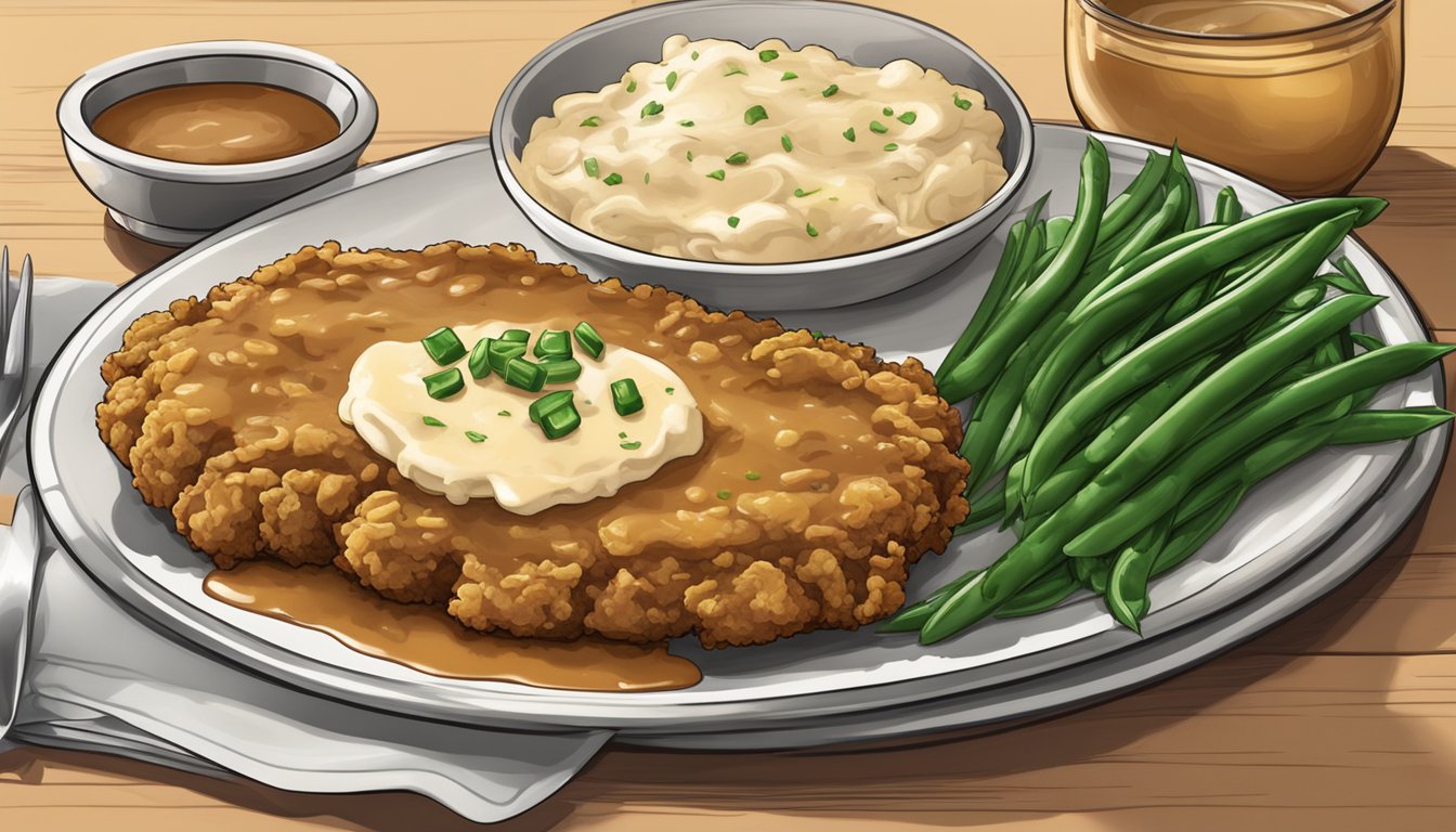 A sizzling chicken fried steak dish with a golden crispy coating, topped with savory gravy and served with a side of mashed potatoes and green beans