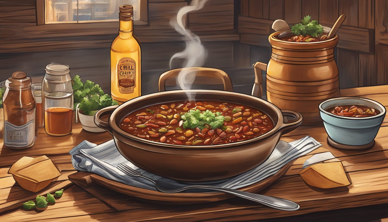 A steaming bowl of Texas-style chili surrounded by a rustic, Texan-themed decor in a bustling Chicago restaurant