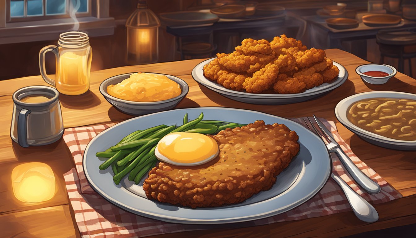 A sizzling chicken fried steak being prepared in a rustic Texan kitchen, surrounded by the warm glow of a traditional southern-style restaurant