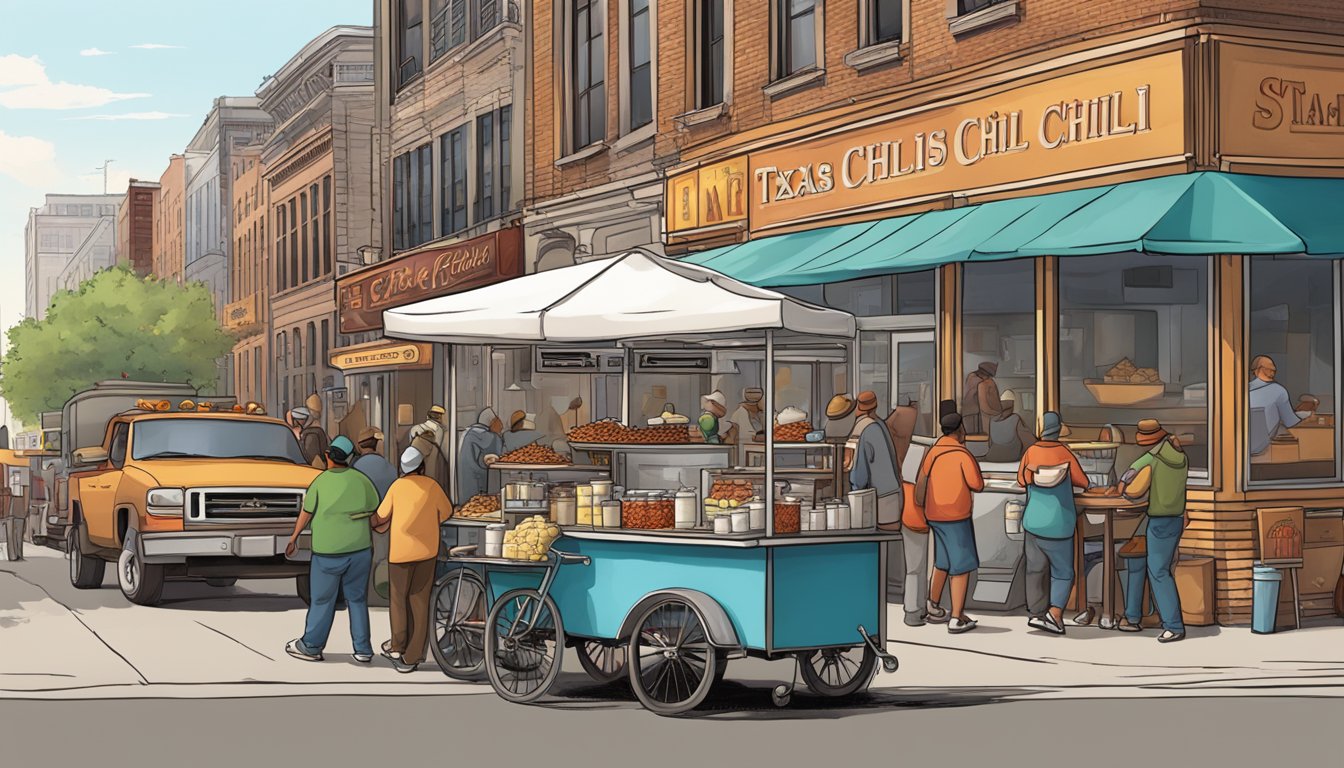 A bustling Chicago street corner with a food cart serving steaming bowls of authentic Texas-style chili, surrounded by eager customers