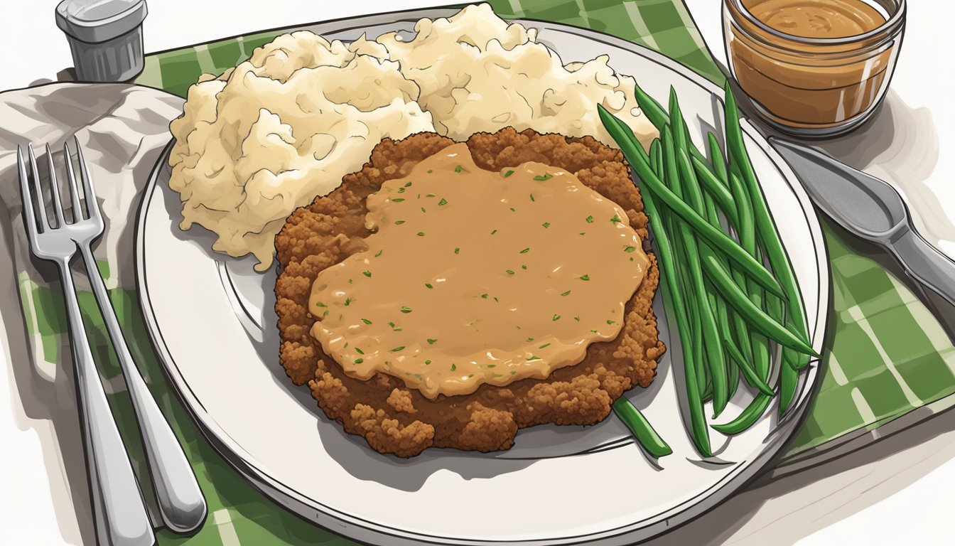 A sizzling chicken fried steak on a plate, surrounded by mashed potatoes and gravy, with a side of green beans and a slice of Texas toast