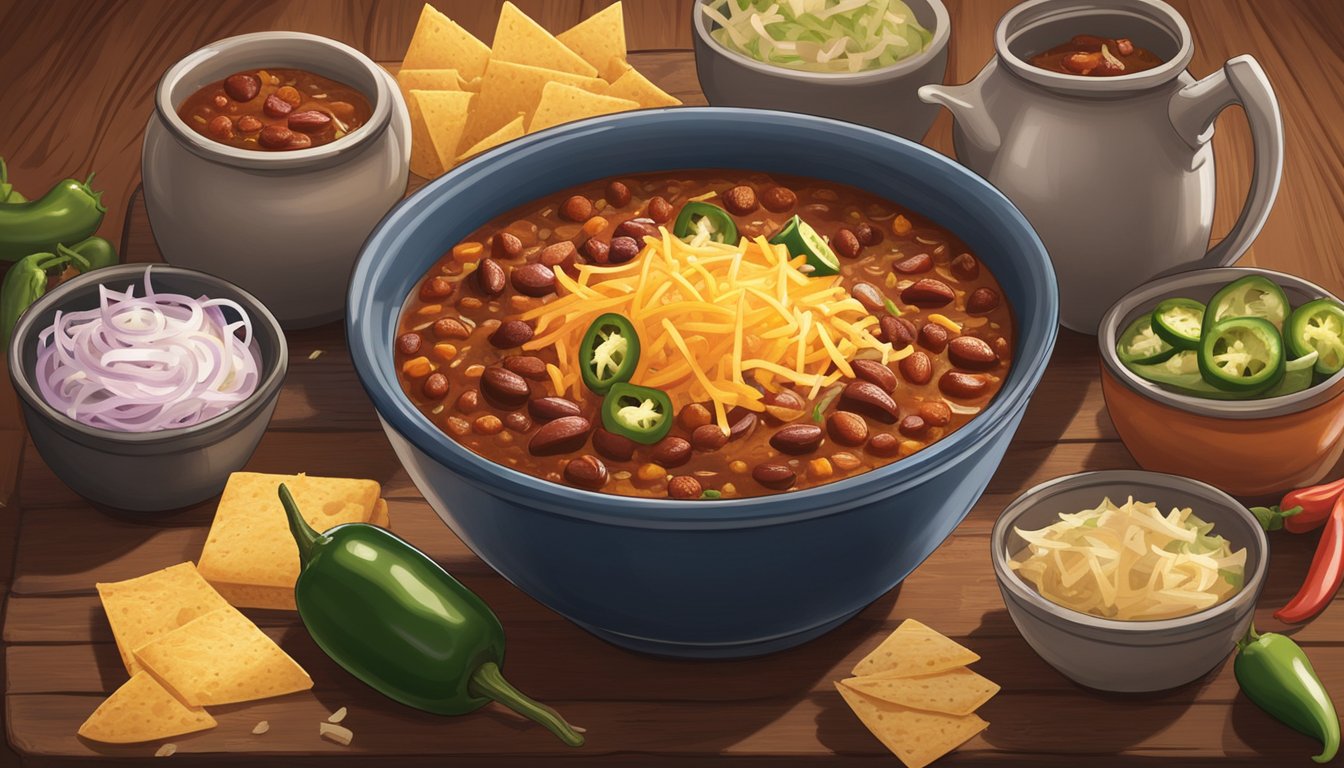 A steaming bowl of Texas-style chili sits on a rustic wooden table, surrounded by a variety of toppings such as shredded cheese, diced onions, and jalapenos. A warm, inviting atmosphere is evident in the background