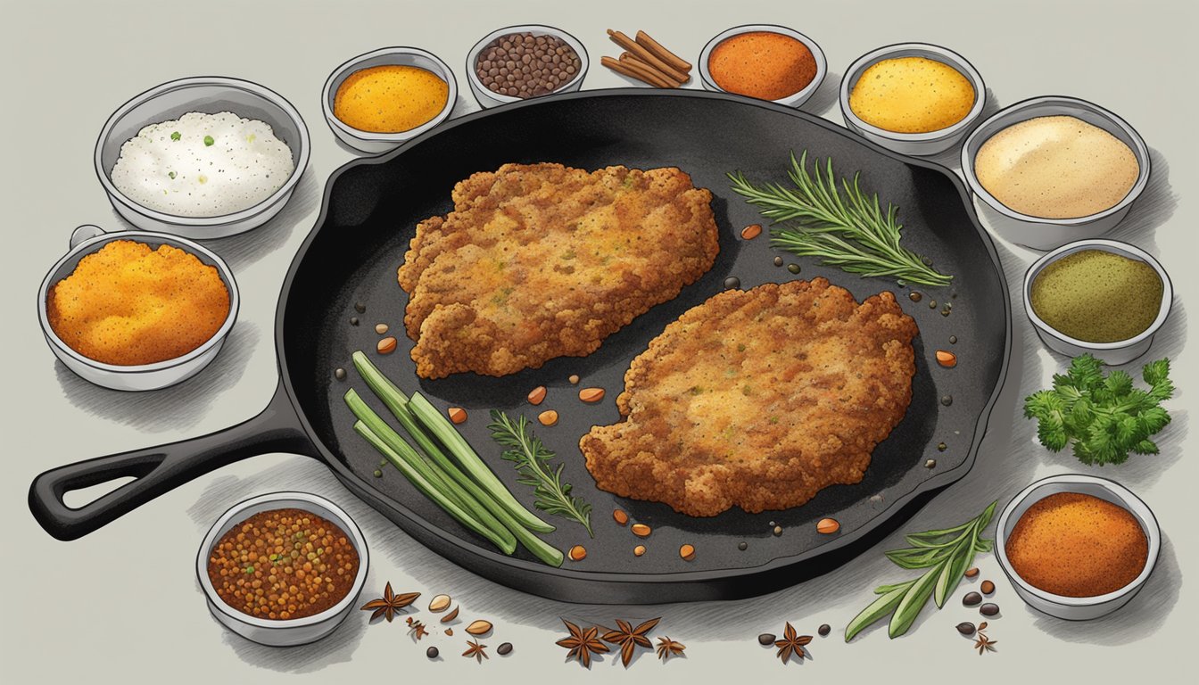 A sizzling chicken fried steak sizzling in a cast iron skillet, surrounded by a medley of colorful and aromatic spices and herbs