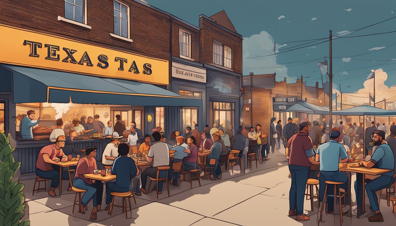 A bustling Texas-style barbecue joint in Leeds, with smoke billowing from the grill and hungry patrons eagerly awaiting their meaty feast