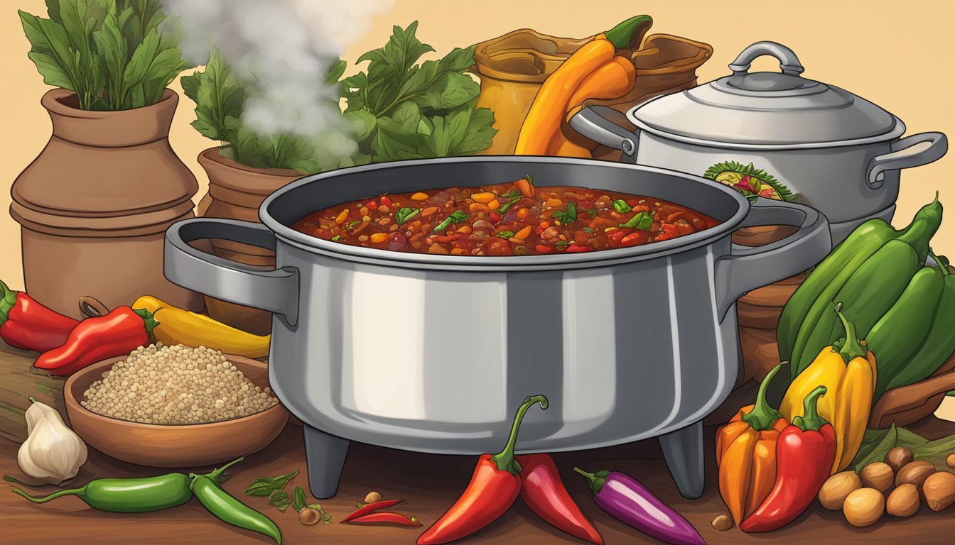 A steaming pot of Barbuzzo Southwest Chili simmering on a stove, surrounded by colorful spices and fresh ingredients, evoking the flavors of Texas in a Philadelphia kitchen