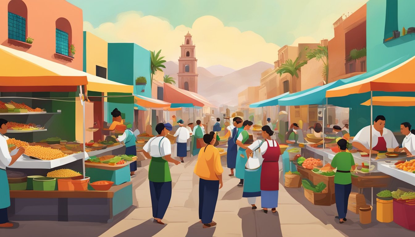 A bustling Mexican marketplace with colorful food stalls and chefs creating traditional dishes