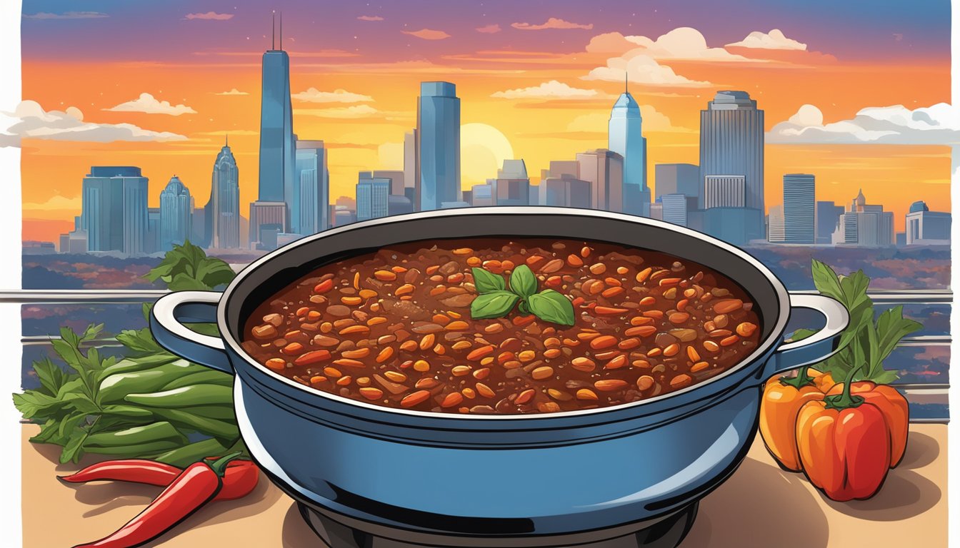 A steaming pot of Texas-style chili simmering on a stovetop, surrounded by vibrant spices and fresh ingredients, with the Philadelphia skyline in the background