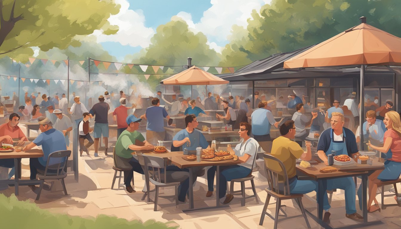 A bustling Texas-style barbecue joint in the UK, with smoke billowing from the outdoor pit and patrons enjoying hearty, meaty feasts at picnic tables