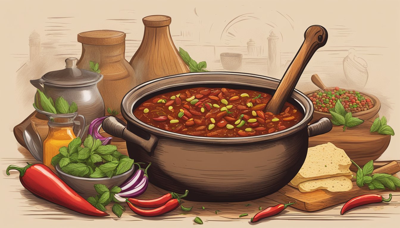 A steaming pot of rich, aromatic Texas-style chili sits on a rustic wooden table, surrounded by vibrant spices and fresh ingredients