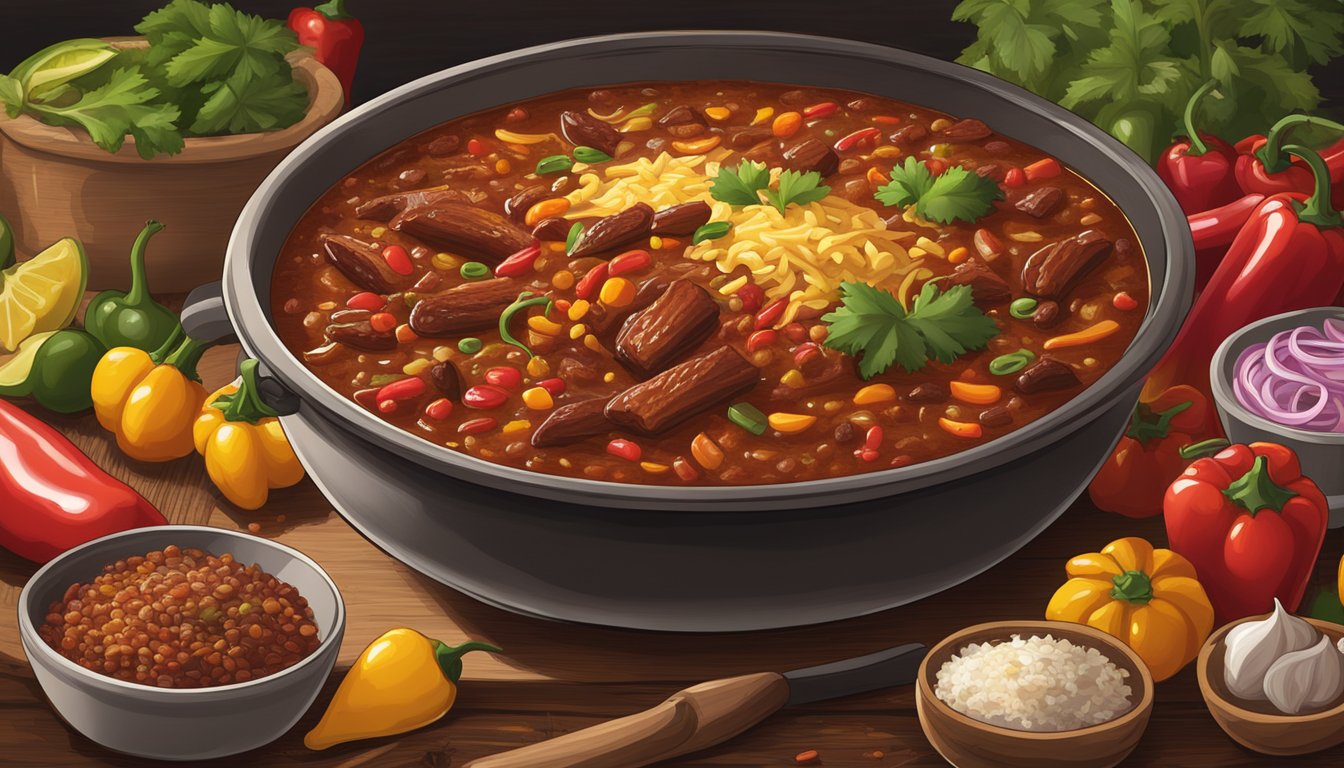 A steaming pot of Ohio House BBQ Signature Chili sits on a rustic wooden table, surrounded by vibrant spices and fresh ingredients. The aroma of authentic Texas-style chili fills the air, promising a flavorful experience for foodies