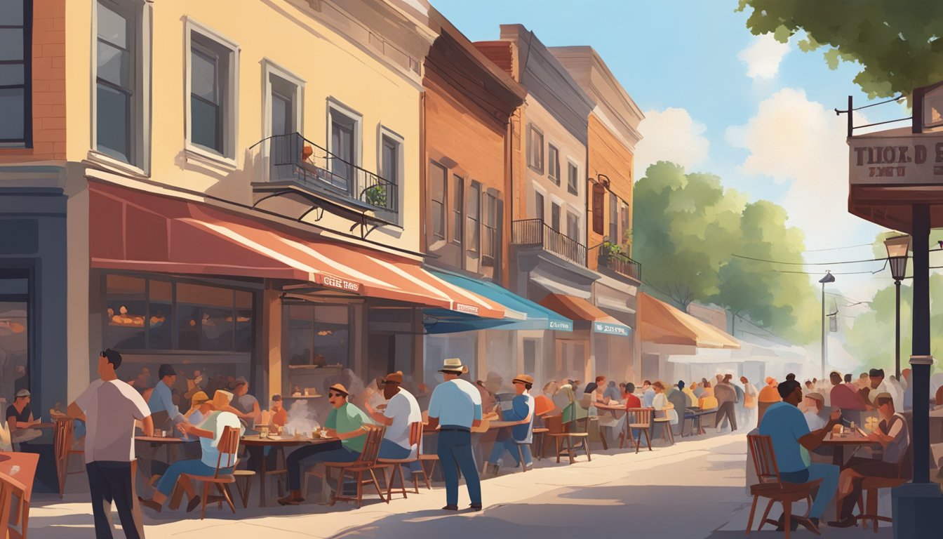 A bustling street lined with Texas-style barbecue joints, smoke wafting from the grills, and hungry patrons enjoying a meaty feast at outdoor tables