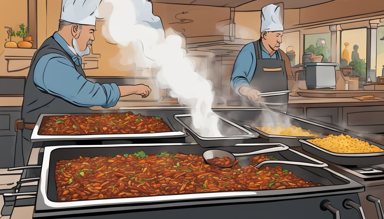 A steaming pot of Texas-style chili simmers on a stove in a bustling Philadelphia restaurant, filling the air with the rich aroma of spices and slow-cooked meat